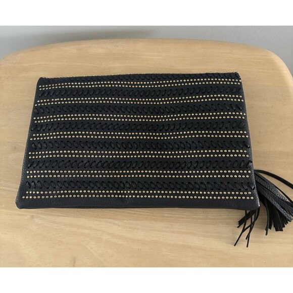 Shiraleah Dark Blue Fold Over Clutch Purse Beaded Braided Tassel Anthropologie - Picture 5 of 15
